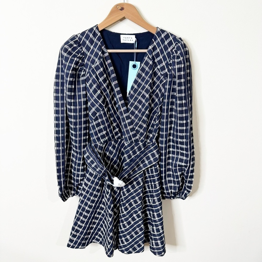 Tanya Taylor Navy Check Belted Puff Sleeves Nicola Dress Size 2 US NWT - Picture 2 of 8
